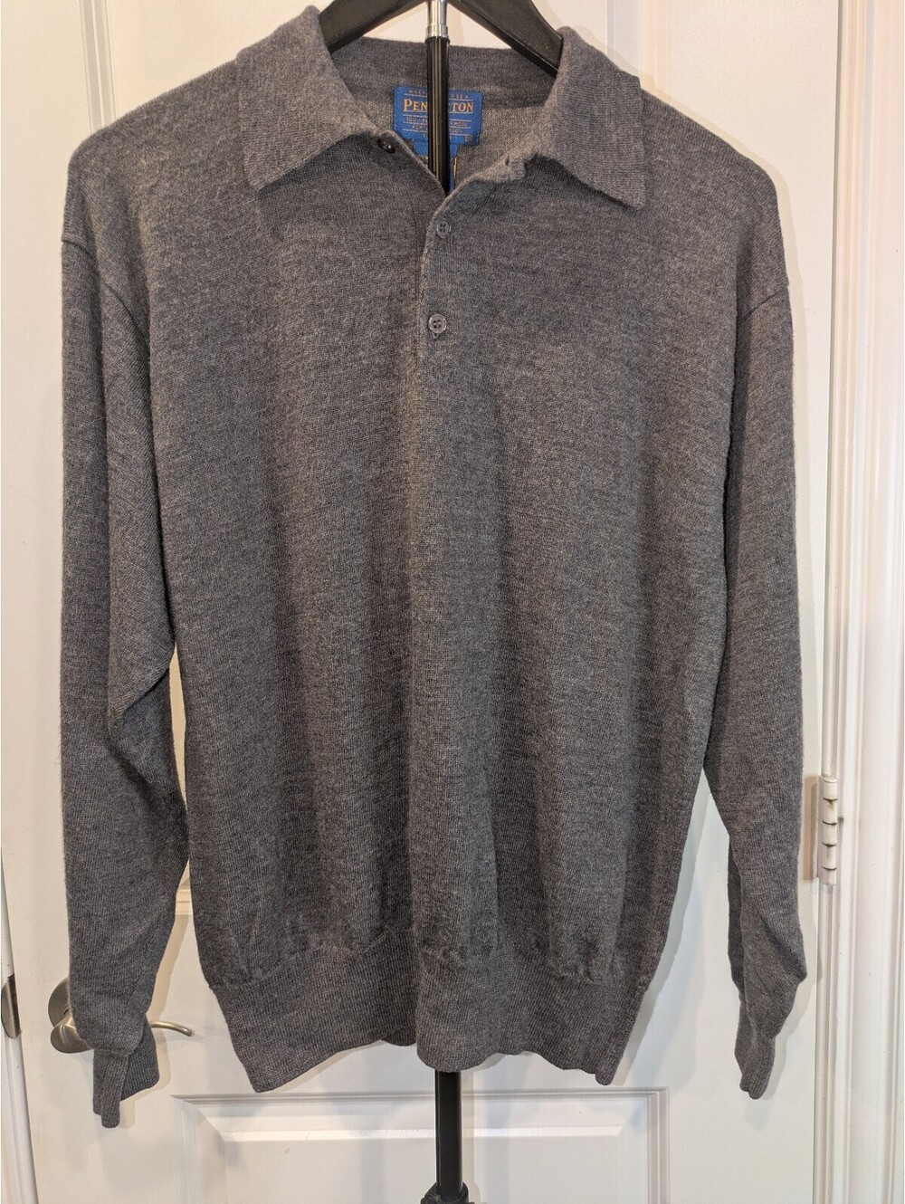 Vintage Pendleton 100% Merino Wool Gray Polo Sweater Mens